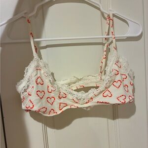 SKIMS White Bralette with Red Heart Print and Lace Trim